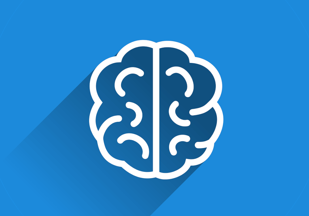 Piktogramm aus weißen Konturen eines Gehirns vor blauem Hintergrund.